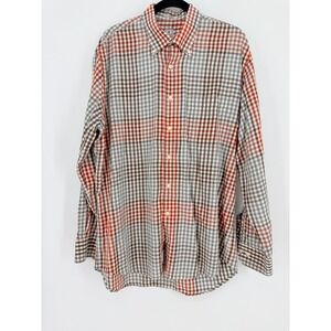 Peter Millar Mens Preppy Plaid Orange Gray Check Cotton Button Up Shirt L/S sz L